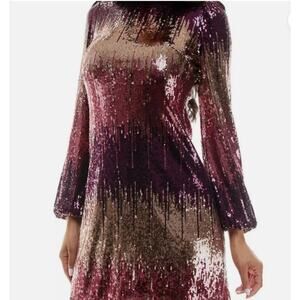Maison Tara Pink & Tan Sequin LS Party Dress - Size 14